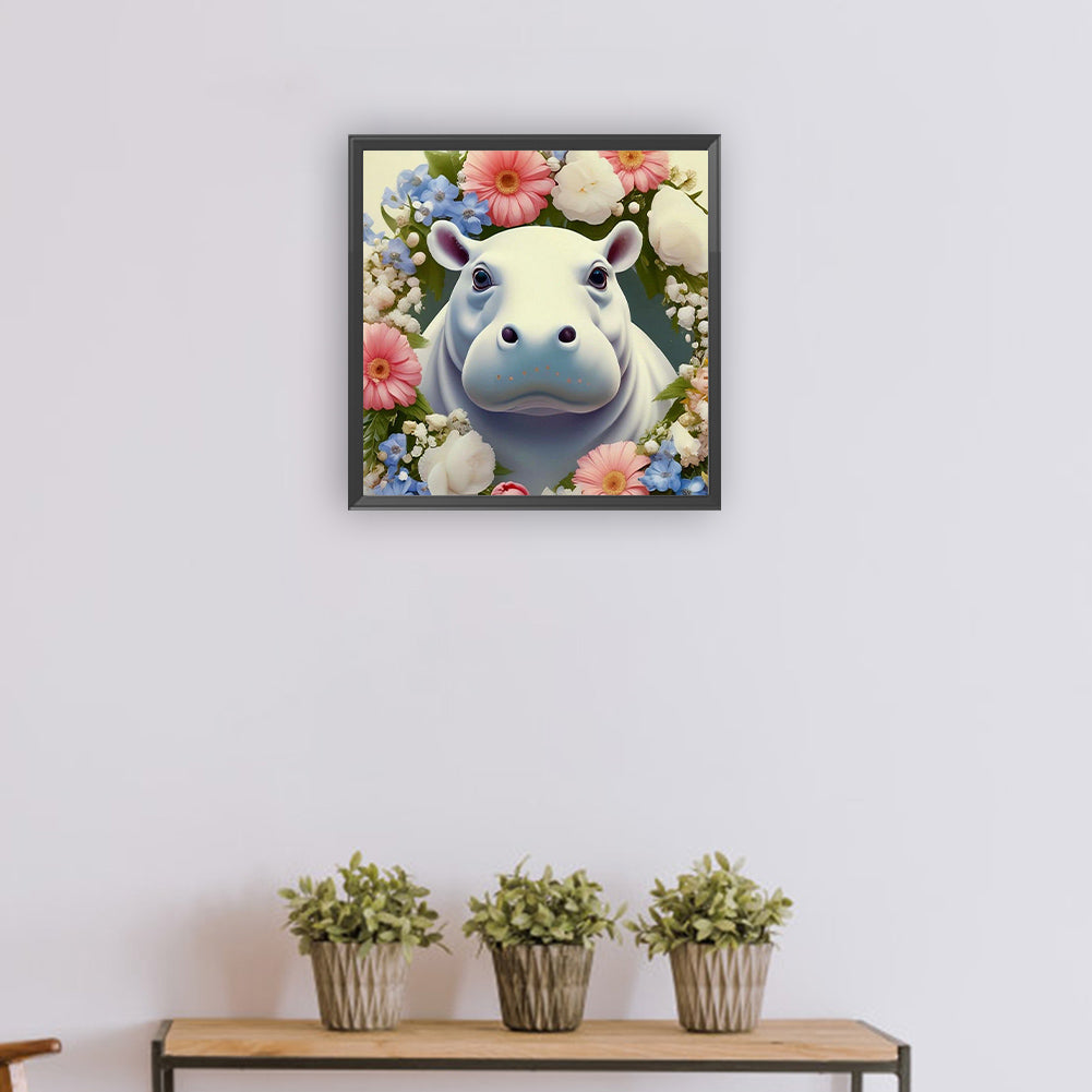 Hippopotamus And Flowers - Full Round Drill Diamond Painting 30*30CM