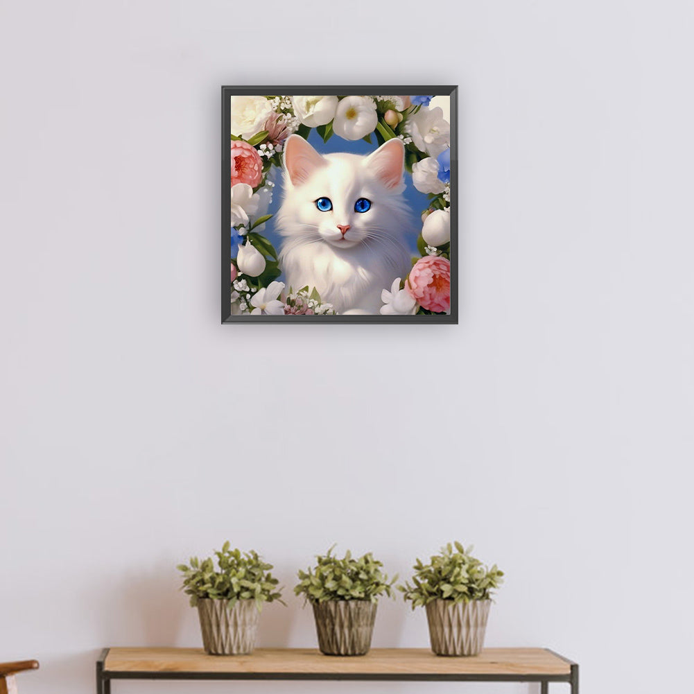 White Cat And Flowers - Full Round Drill Diamond Painting 30*30CM