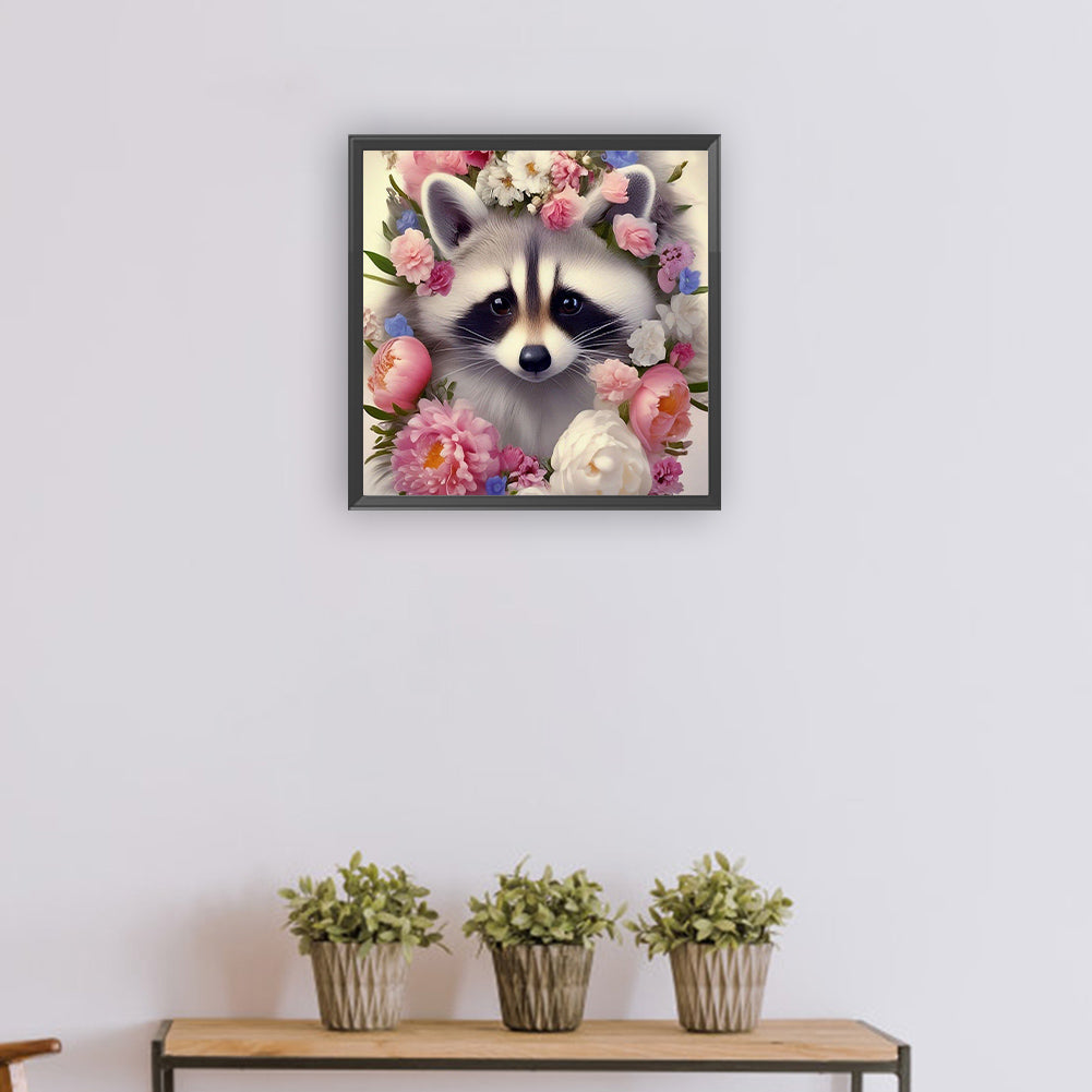 Raccoon And Flower - Full Round Drill Diamond Painting 30*30CM