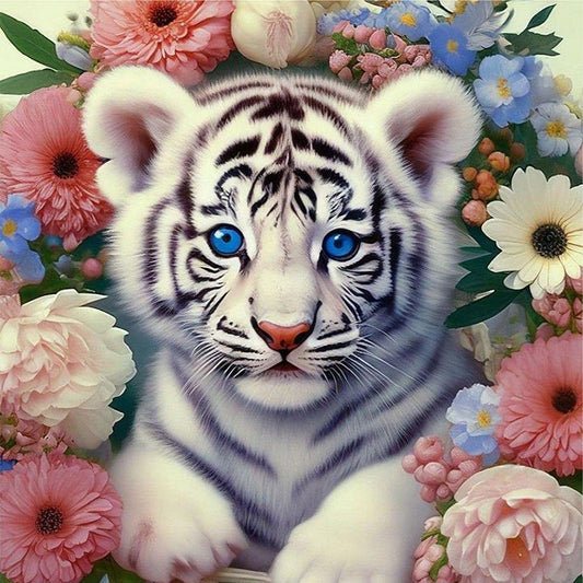 White Tiger And Flower - Full Round Drill Diamond Painting 30*30CM