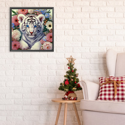 White Tiger And Flower - Full Round Drill Diamond Painting 30*30CM
