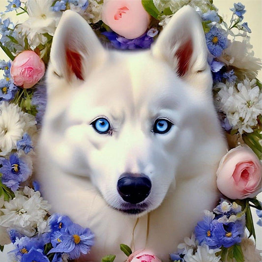 White Wolf And Flower - Full Round Drill Diamond Painting 30*30CM