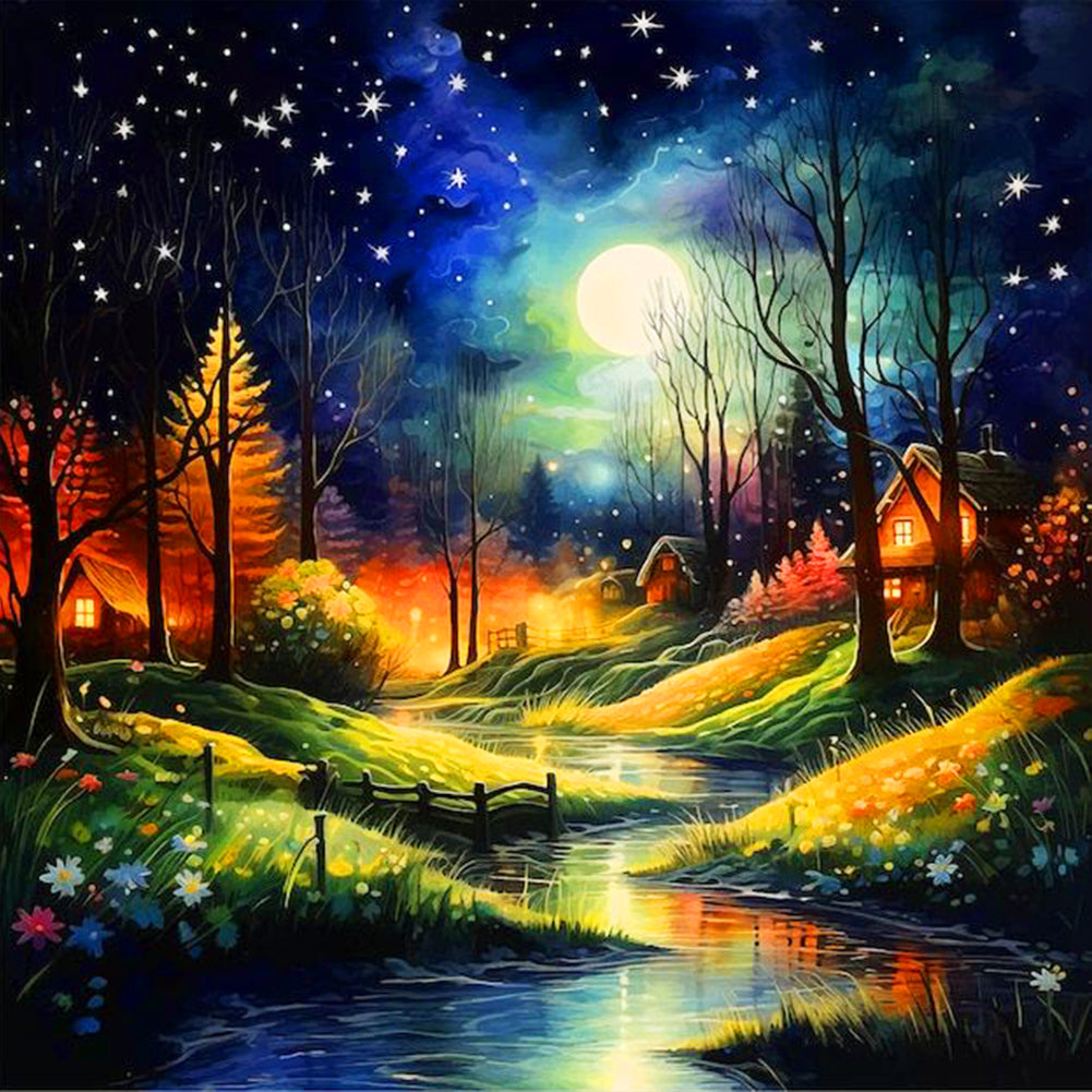 Night View Of Village Creek - Full Round Drill Diamond Painting 40*40CM