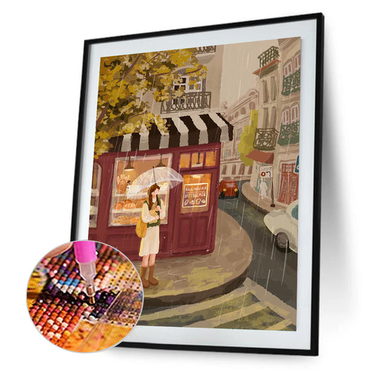 Healing Simple Drawing Girl¡¤Rainy Day - Full Round Drill Diamond Painting 40*50CM