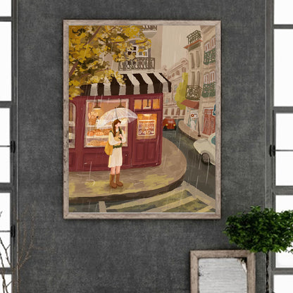 Healing Simple Drawing Girl¡¤Rainy Day - Full Round Drill Diamond Painting 40*50CM