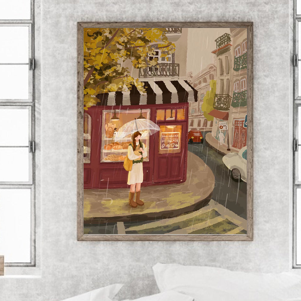 Healing Simple Drawing Girl¡¤Rainy Day - Full Round Drill Diamond Painting 40*50CM
