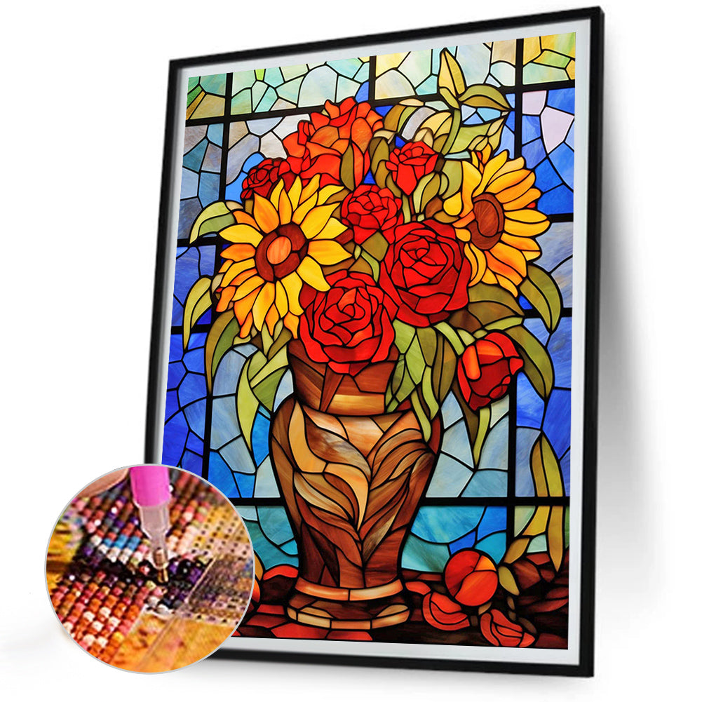Vase Bouquet Glass Painting - Full Round Drill Diamond Painting 30*40CM