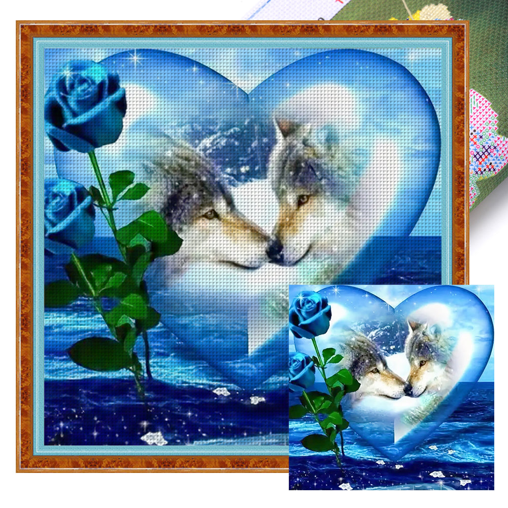 Blue Rose Couple Wolf - 11CT Stamped Cross Stitch 40*40CM