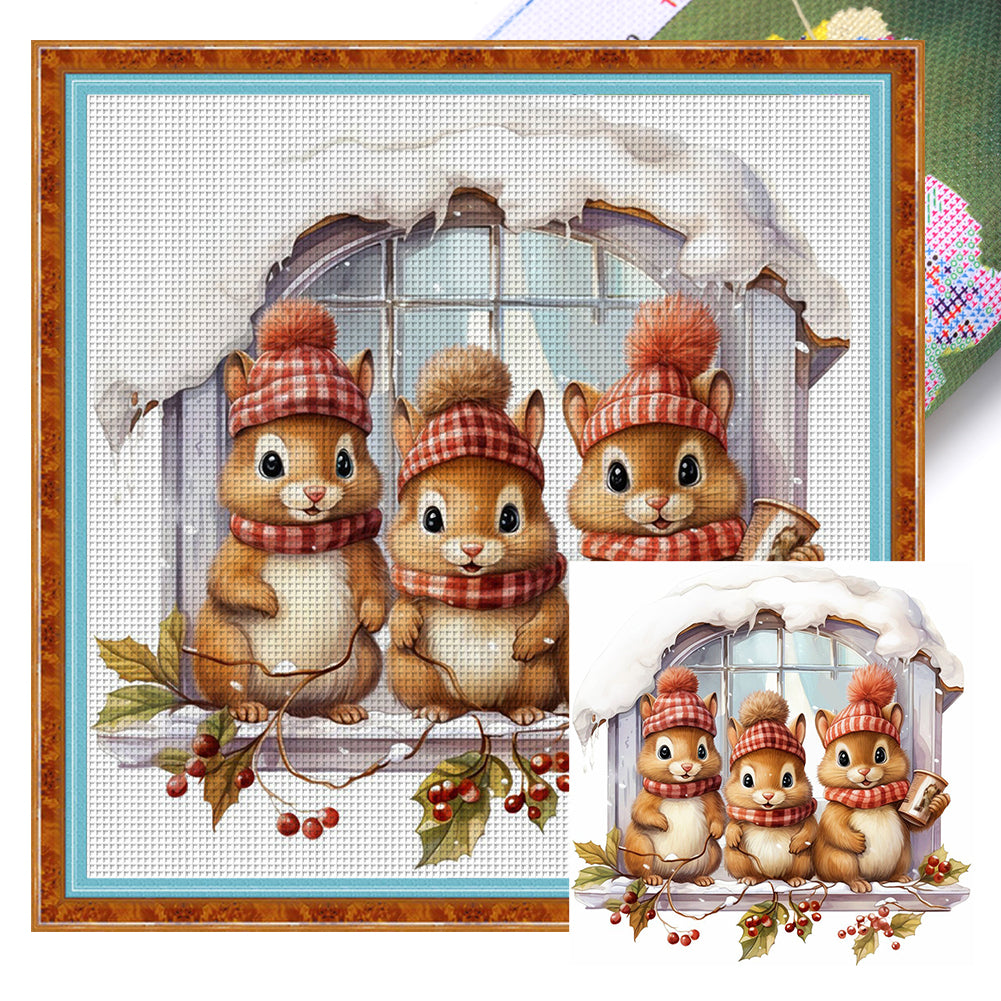 Three Squirrels On The Windowsill - 18CT Stamped Cross Stitch 30*30CM