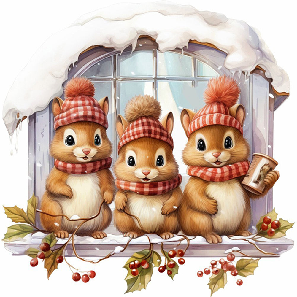 Three Squirrels On The Windowsill - 18CT Stamped Cross Stitch 30*30CM