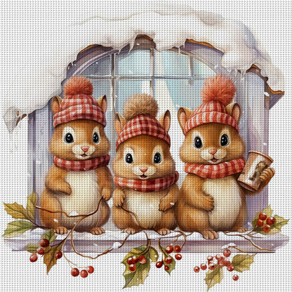 Three Squirrels On The Windowsill - 18CT Stamped Cross Stitch 30*30CM