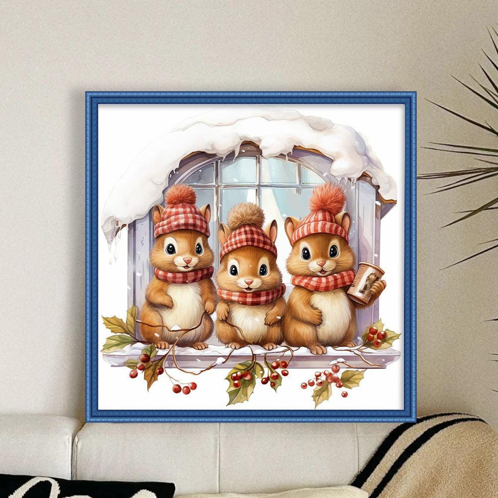 Three Squirrels On The Windowsill - 18CT Stamped Cross Stitch 30*30CM