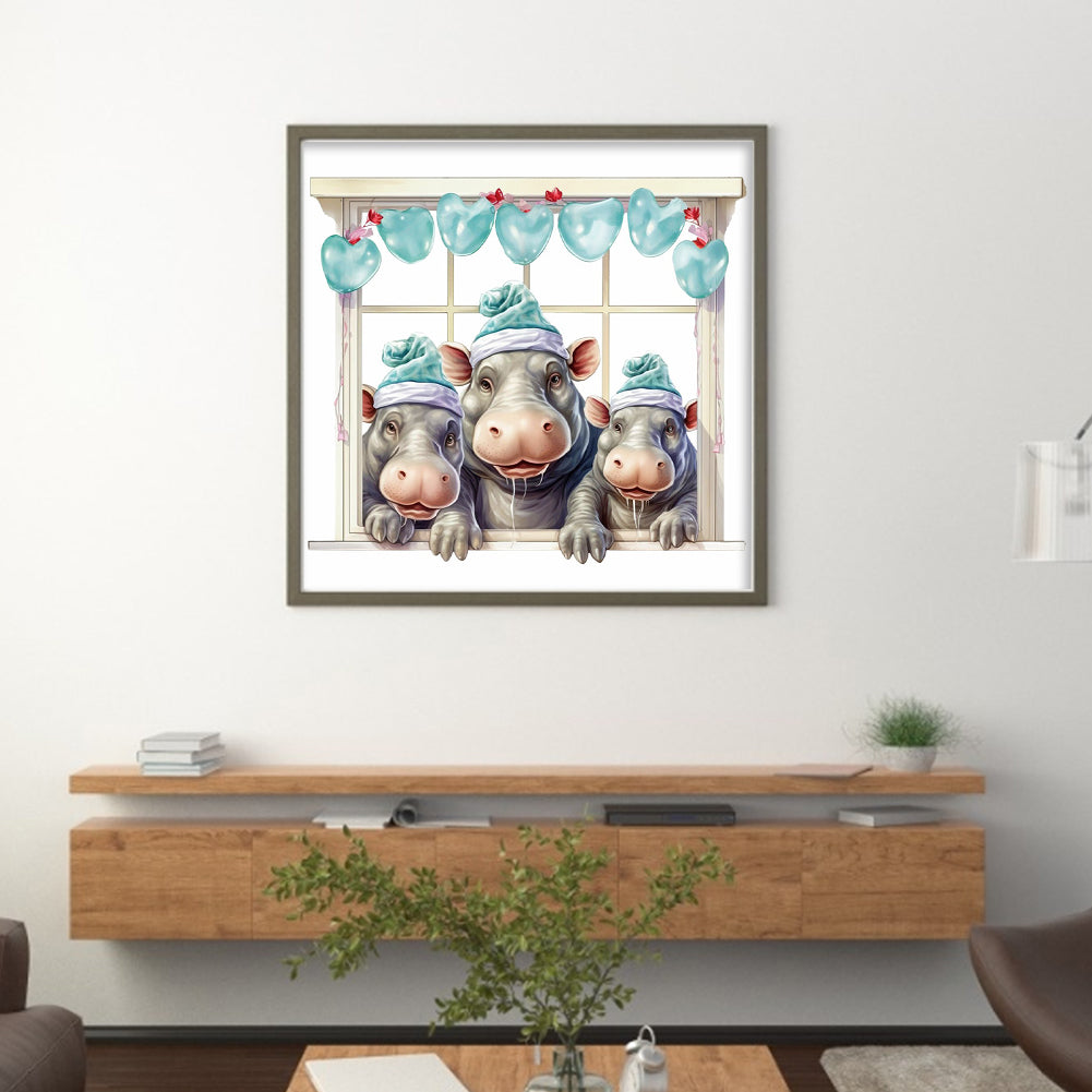 Three Hippos On The Windowsill - 18CT Stamped Cross Stitch 30*30CM