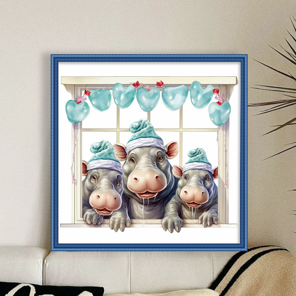 Three Hippos On The Windowsill - 18CT Stamped Cross Stitch 30*30CM