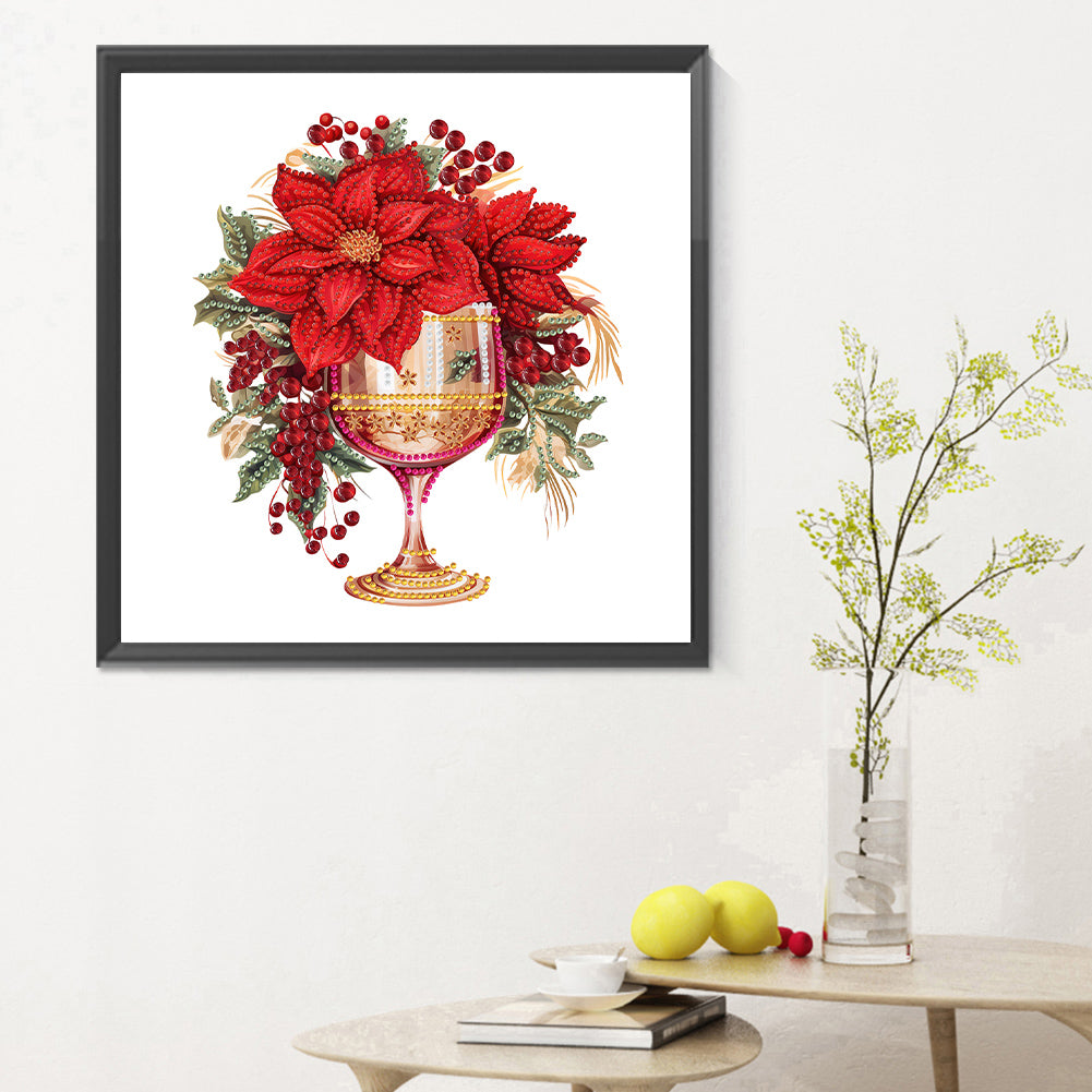 Christmas Water Cup With Red Flowers - Special Shaped Drill Diamond Painting 30*30CM