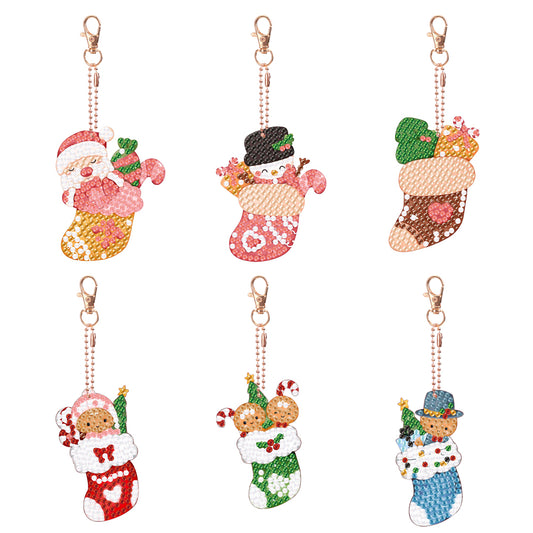 6PCS Double Sided Diamond Painting Keychain (Xmas Stocking Critter #1)