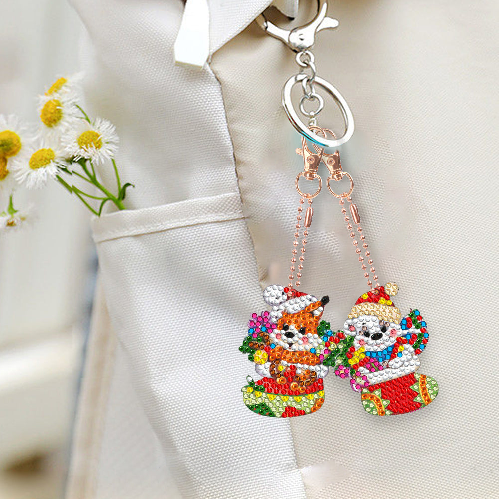 5PCS Double Sided Diamond Painting Keychain (Xmas Stocking Critter #2)