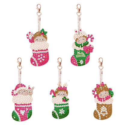 5PCS Double Sided Diamond Painting Keychain (Xmas Stocking Critter #3)