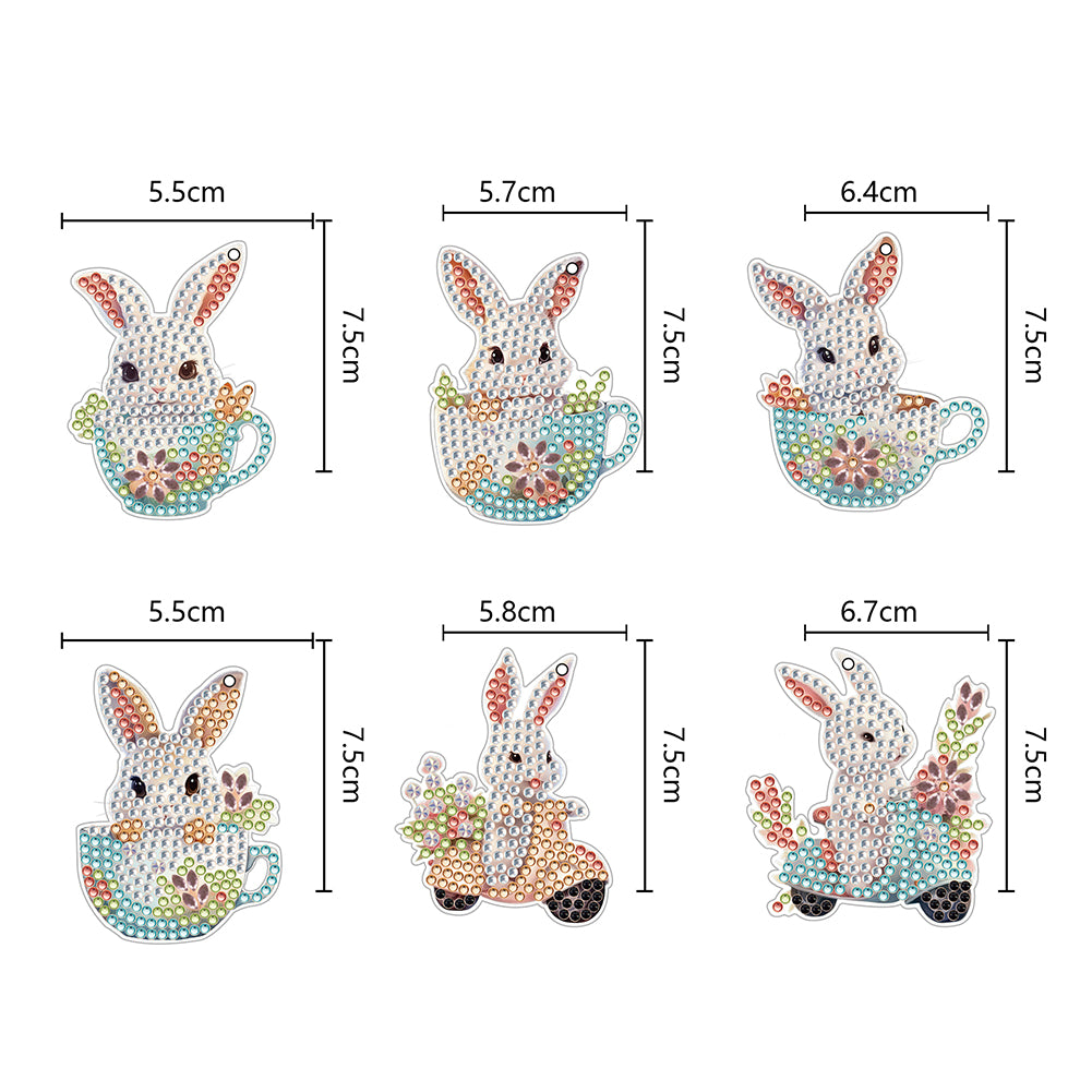 6PCS Double Sided Special Shape Diamond Painting Keychain (Cute Bunny)