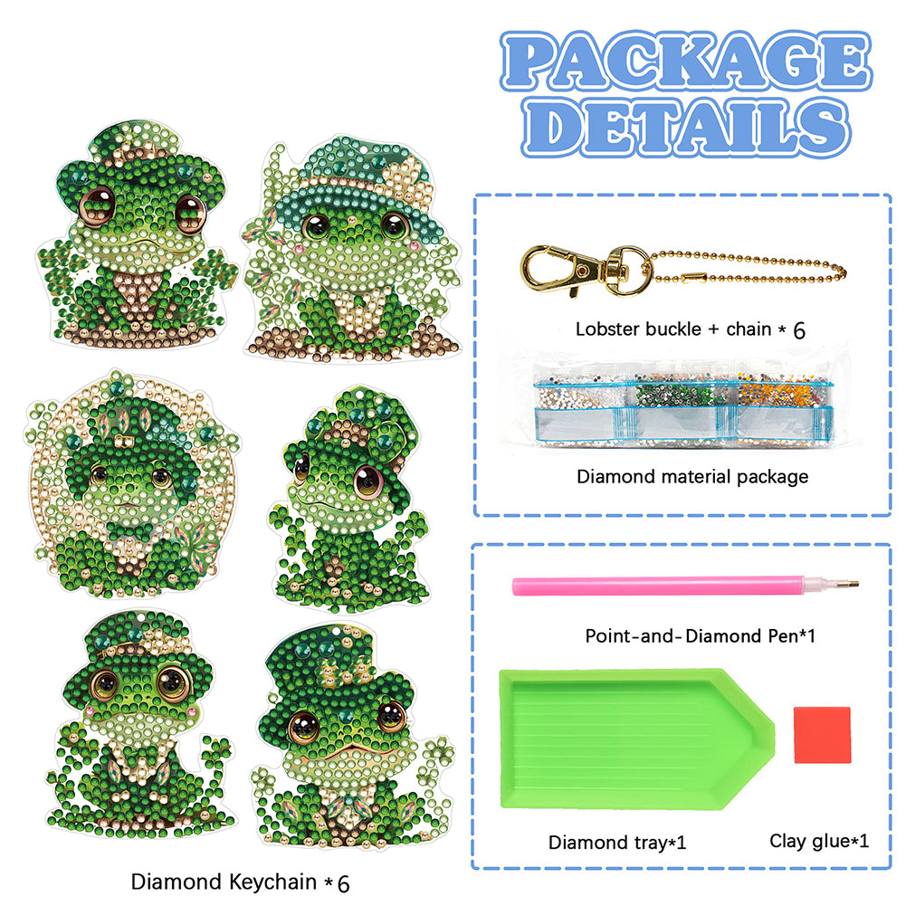 6PCS Double Sided Special Shape Diamond Painting Keychain (Cute Frog)