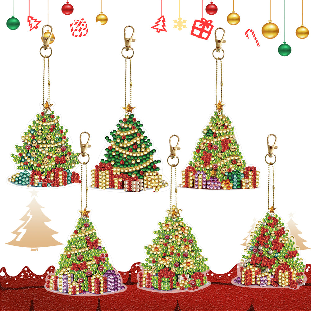 6PCS Double Sided Special Shape Diamond Painting Keychain (Christmas Tree)