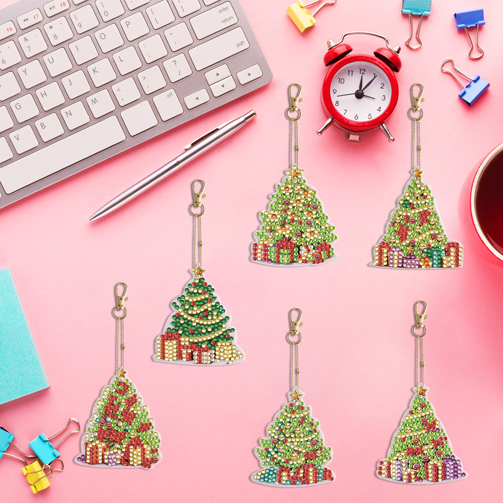 6PCS Double Sided Special Shape Diamond Painting Keychain (Christmas Tree)