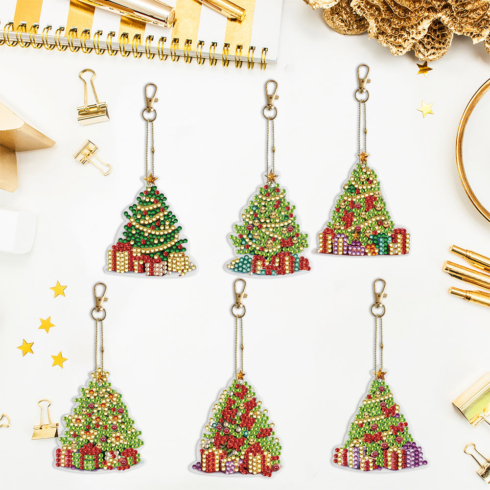 6PCS Double Sided Special Shape Diamond Painting Keychain (Christmas Tree)