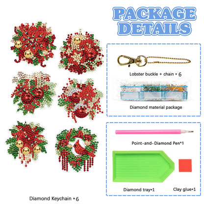 6PCS Double Sided Special Shape Diamond Painting Keychain (Christmas Wreath)