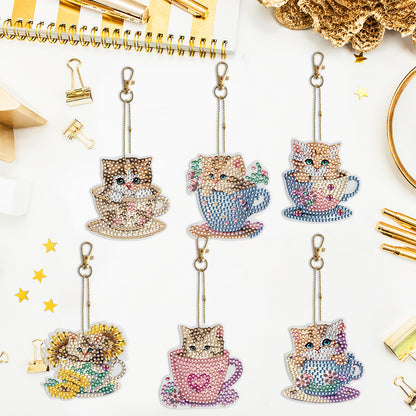 6PCS Double Sided Special Shape Diamond Painting Keychain (Teacup Kitten)