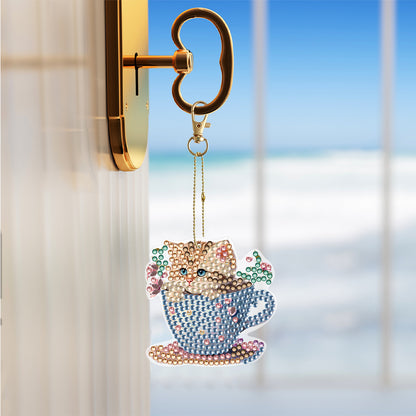 6PCS Double Sided Special Shape Diamond Painting Keychain (Teacup Kitten)