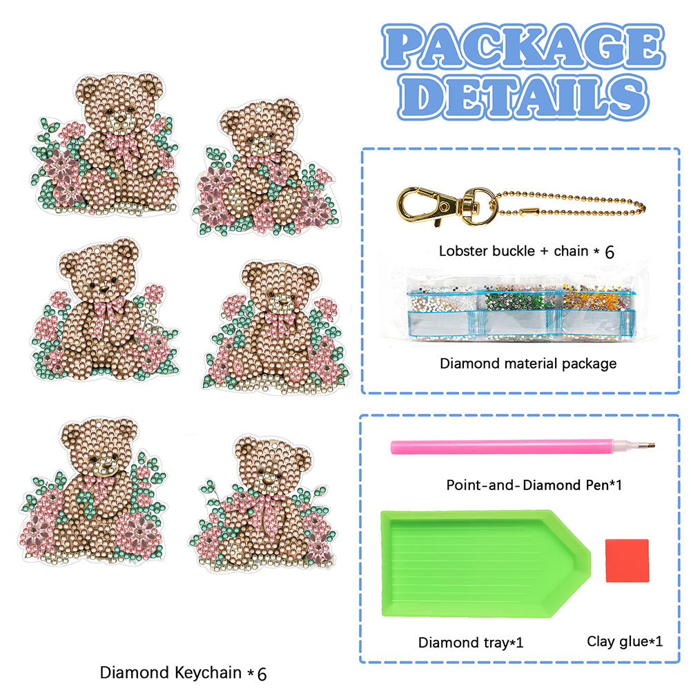 6PCS Double Sided Special Shape Diamond Painting Keychain (Cute Bear #9)