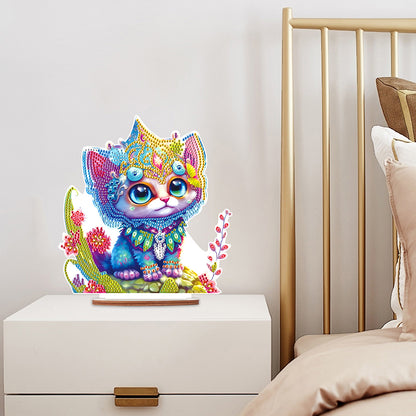 Wooden Round Diamond Painting Desktop Diamond Art Table Decor (Kitten)