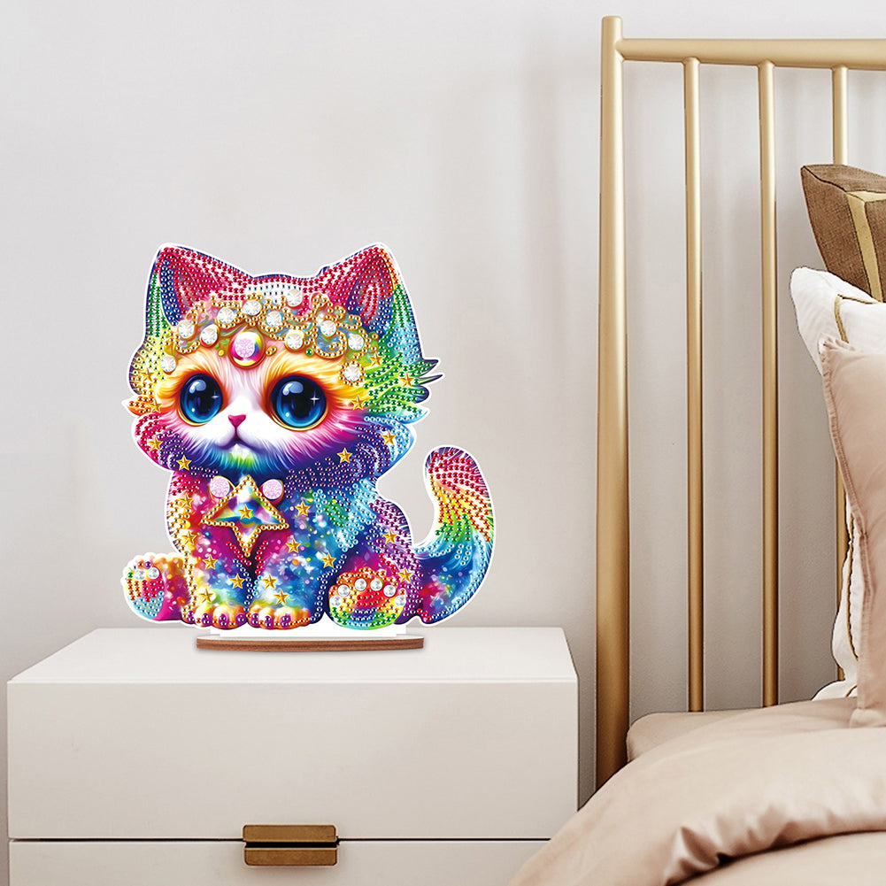 Wooden Round Diamond Painting Desktop Diamond Art Table Decor (Colourful Cat)