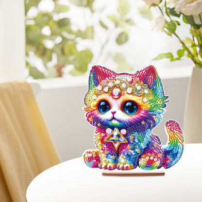 Wooden Round Diamond Painting Desktop Diamond Art Table Decor (Colourful Cat)