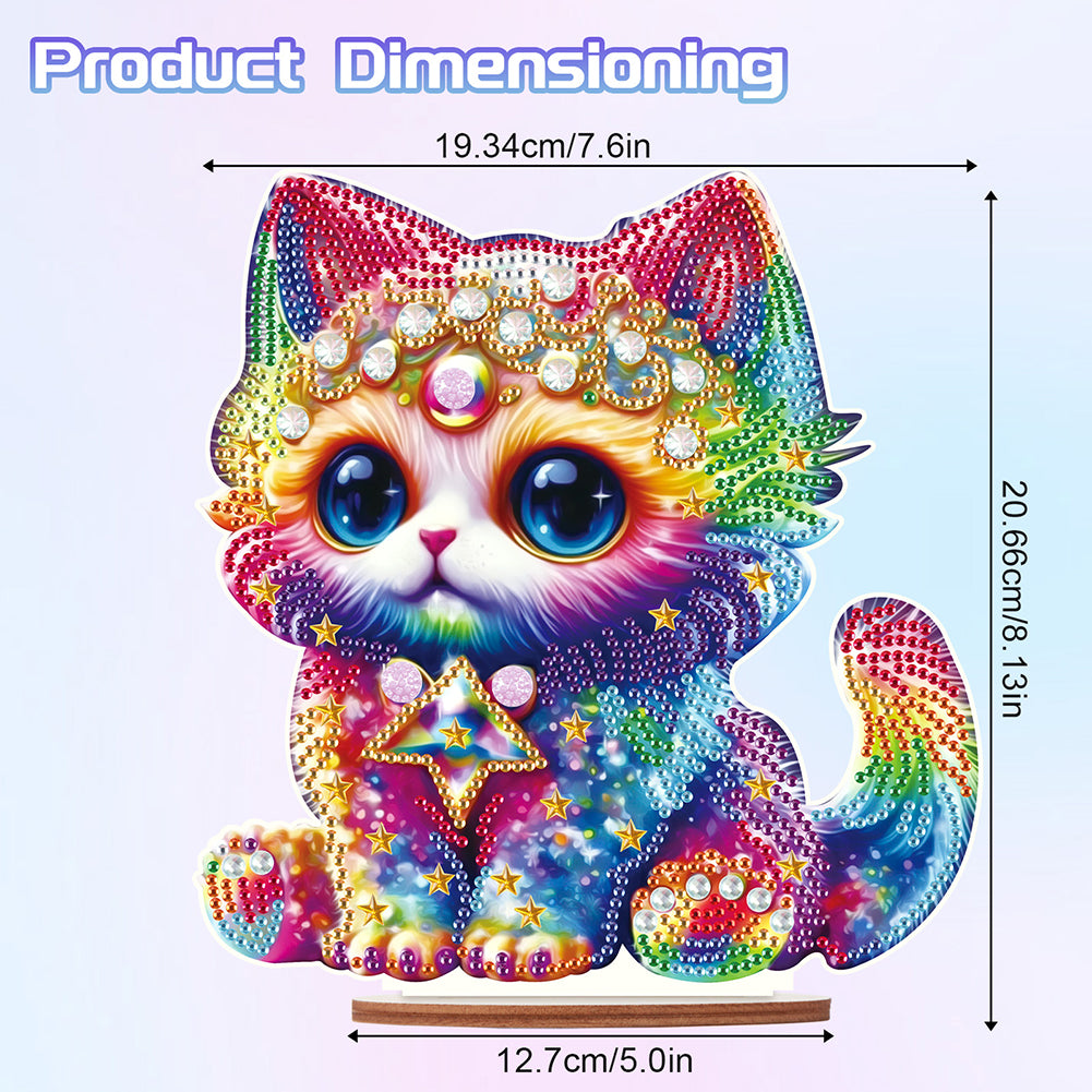 Wooden Round Diamond Painting Desktop Diamond Art Table Decor (Colourful Cat)