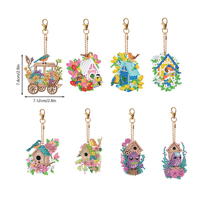 8PCS Double Sided Diamond Art Keyring Birds Birdhouses Diamond Painting Keychain