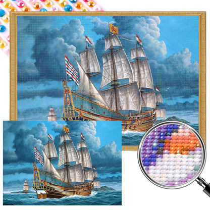 Sea Sailing Boat - Full Round Drill Diamond Painting 70*50CM