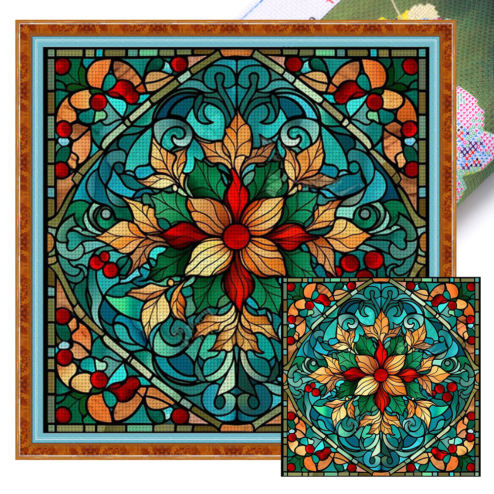 Glass Painting-Poinsettia - 14CT Stamped Cross Stitch 40*40CM