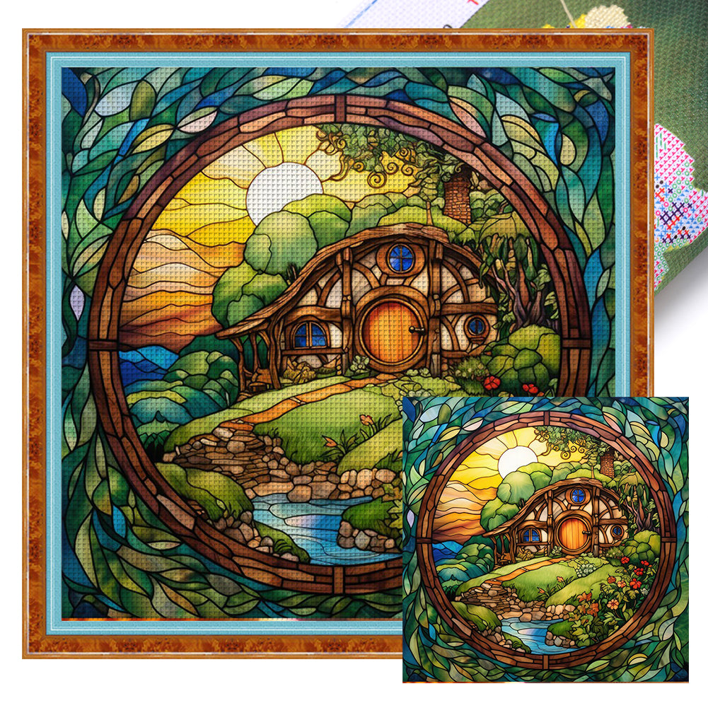 Glass Painting-Waterside House - 14CT Stamped Cross Stitch 40*40CM