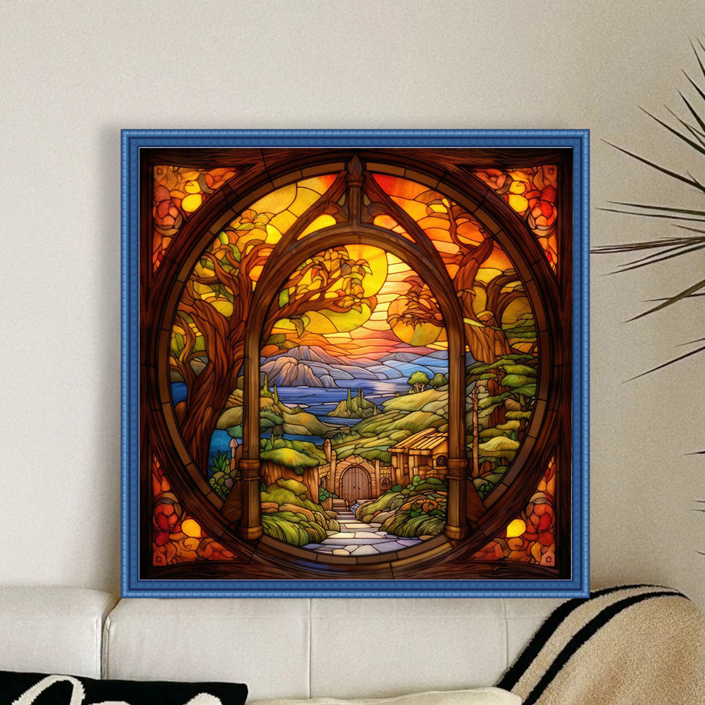 Glass Painting-The Cabin In The Woods - 14CT Stamped Cross Stitch 40*40CM