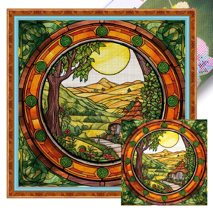 Glass Painting-The Hobbit Hut - 14CT Stamped Cross Stitch 40*40CM(Joy Sunday)