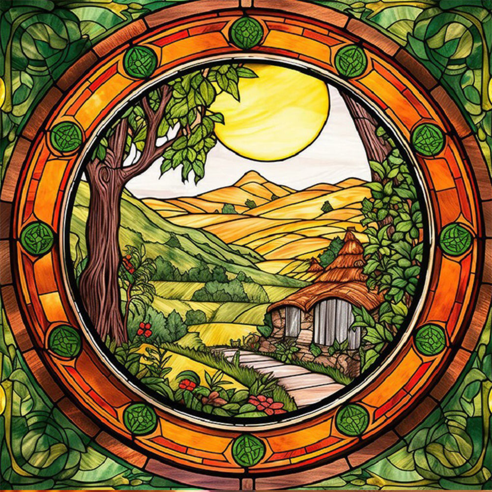 Glass Painting-The Hobbit Hut - 14CT Stamped Cross Stitch 40*40CM(Joy Sunday)