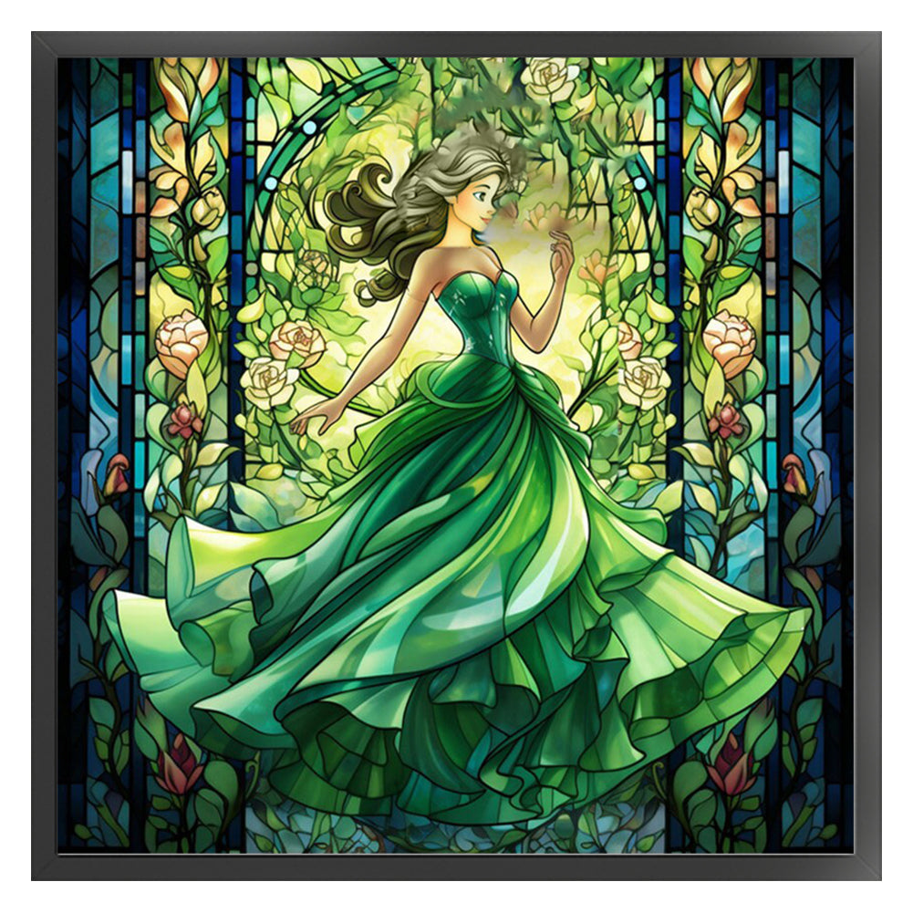 Glass Painting-Princess In Green Dress - 14CT Stamped Cross Stitch 50*50CM