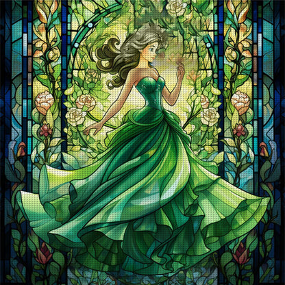 Glass Painting-Princess In Green Dress - 14CT Stamped Cross Stitch 50*50CM