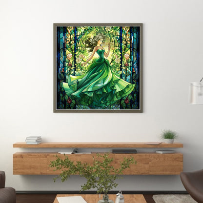 Glass Painting-Princess In Green Dress - 14CT Stamped Cross Stitch 50*50CM