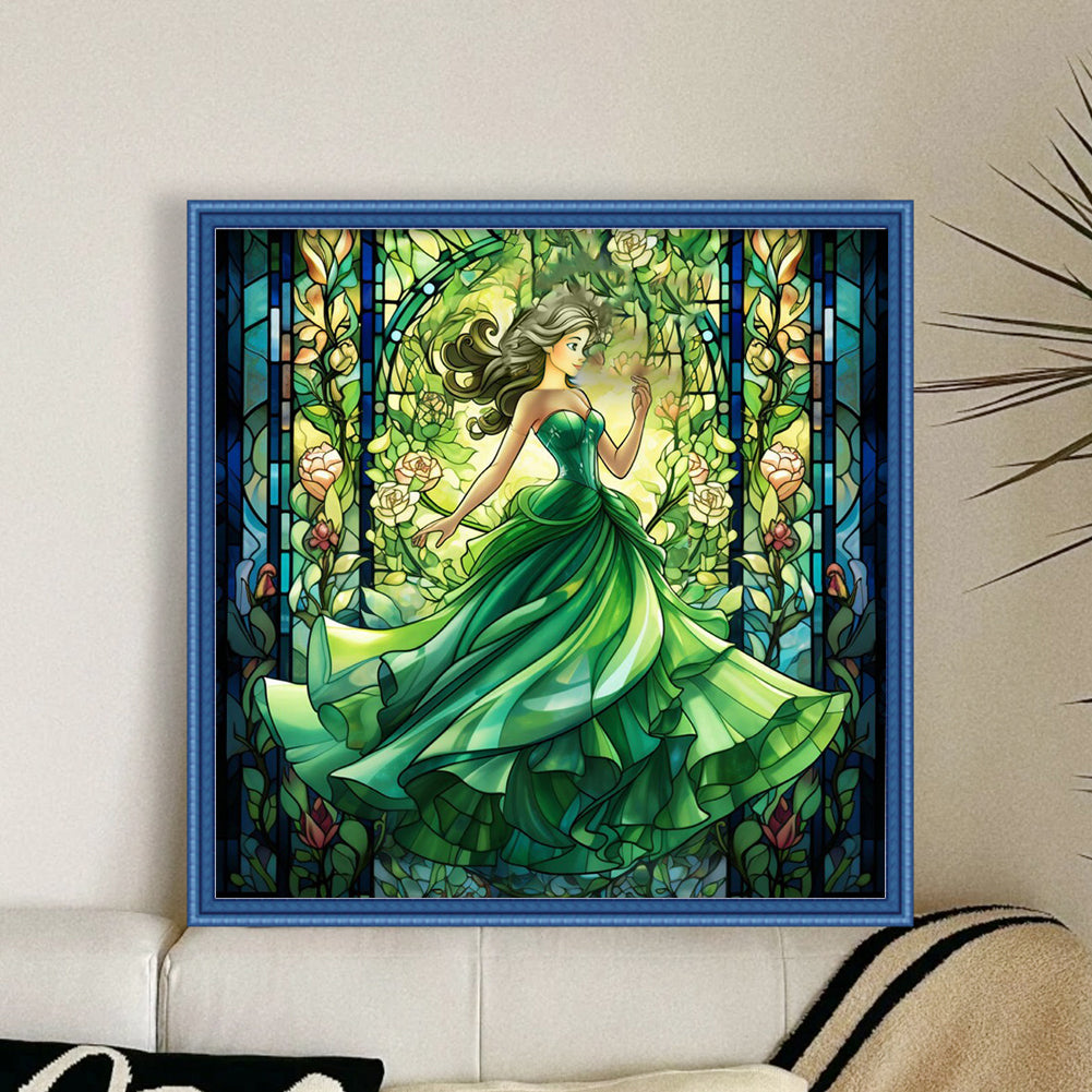 Glass Painting-Princess In Green Dress - 14CT Stamped Cross Stitch 50*50CM