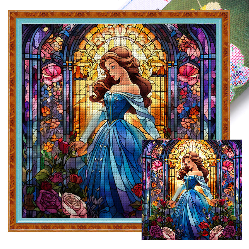 Glass Painting-Princess In Blue Dress - 14CT Stamped Cross Stitch 50*50CM