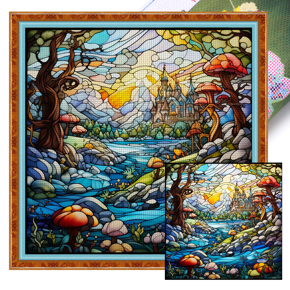 Glass Painting-Castle In The Mountains - 14CT Stamped Cross Stitch 50*50CM