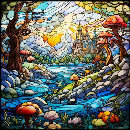 Glass Painting-Castle In The Mountains - 14CT Stamped Cross Stitch 50*50CM