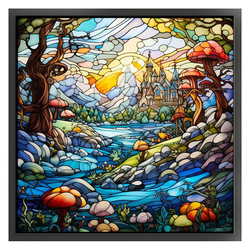 Glass Painting-Castle In The Mountains - 14CT Stamped Cross Stitch 50*50CM